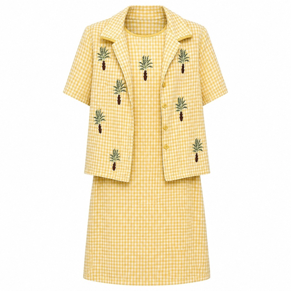 Vintage Cottagecore Gingham Dress Set Women 16W Yellow Palm Tree Retro Summer